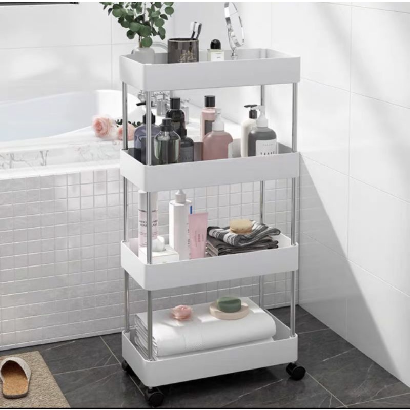 Kệ để đựng đồ đa năng cao 4 tầng có bánh xe đẩy di động nhà bếp, phòng tắm inox