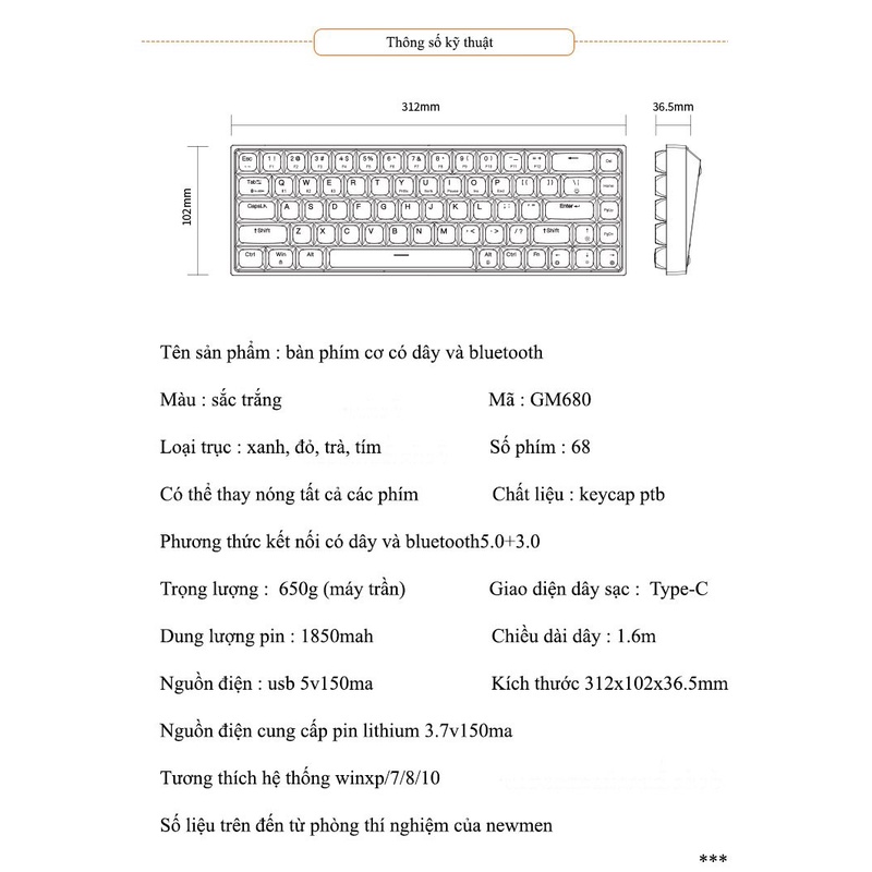 Bàn phím cơ không dây Dual Mode Newmen GM680,Layout 68 phím Hotswap,đa chế độ kết nối,tặng thêm keycap Rồng Hổ,BH 24M