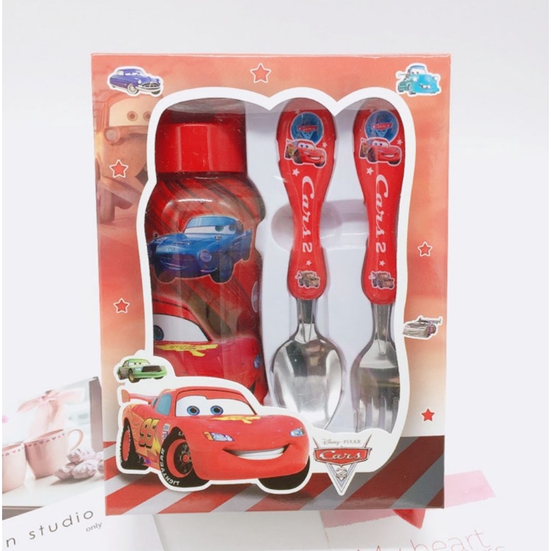 Bộ bình nước + muỗng + nĩa họa tiết hoạt hình đáng yêu tiện dụng dành cho bé