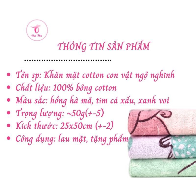 Khăn mặt cotton con vật ngỗ nghĩnh cao cấp VIỆT THƯ, siêu mềm mịn, siêu thấm hút, 50gr, 25x50cm