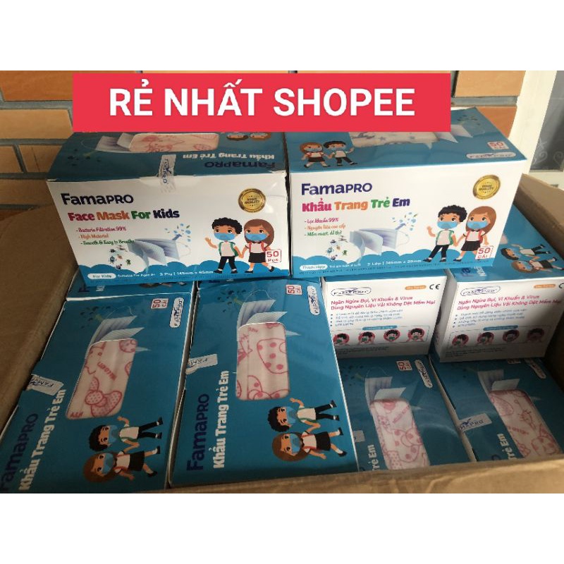 [Chính hãng] [Giá sỉ] Khẩu trang em bé Famapro max Kids, Hộp 50 cái. Khẩu trang chất lượng cho em bé!