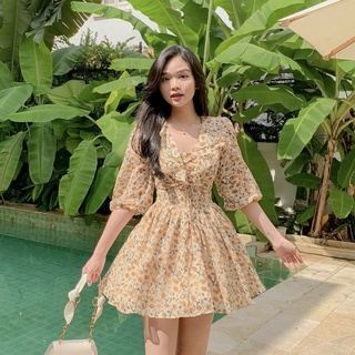 Đầm LUCY - Đầm cổ tim nhún tùng xòe vintage hở lưng