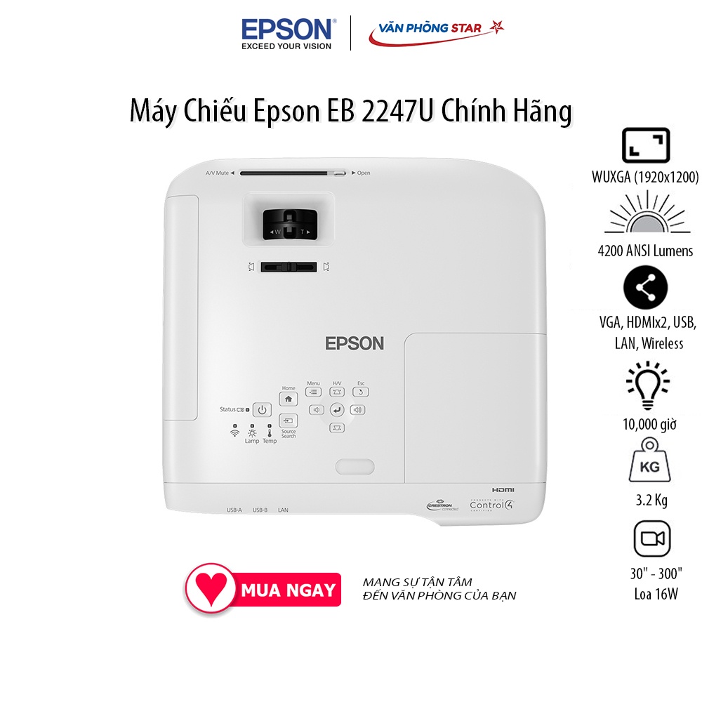 Máy Chiếu Epson EB 2247U Độ phân giải WUXGA (1920x1200) Cường độ sáng 4200 ANSI Lumens, Tuổi thọ bóng 10000 giờ