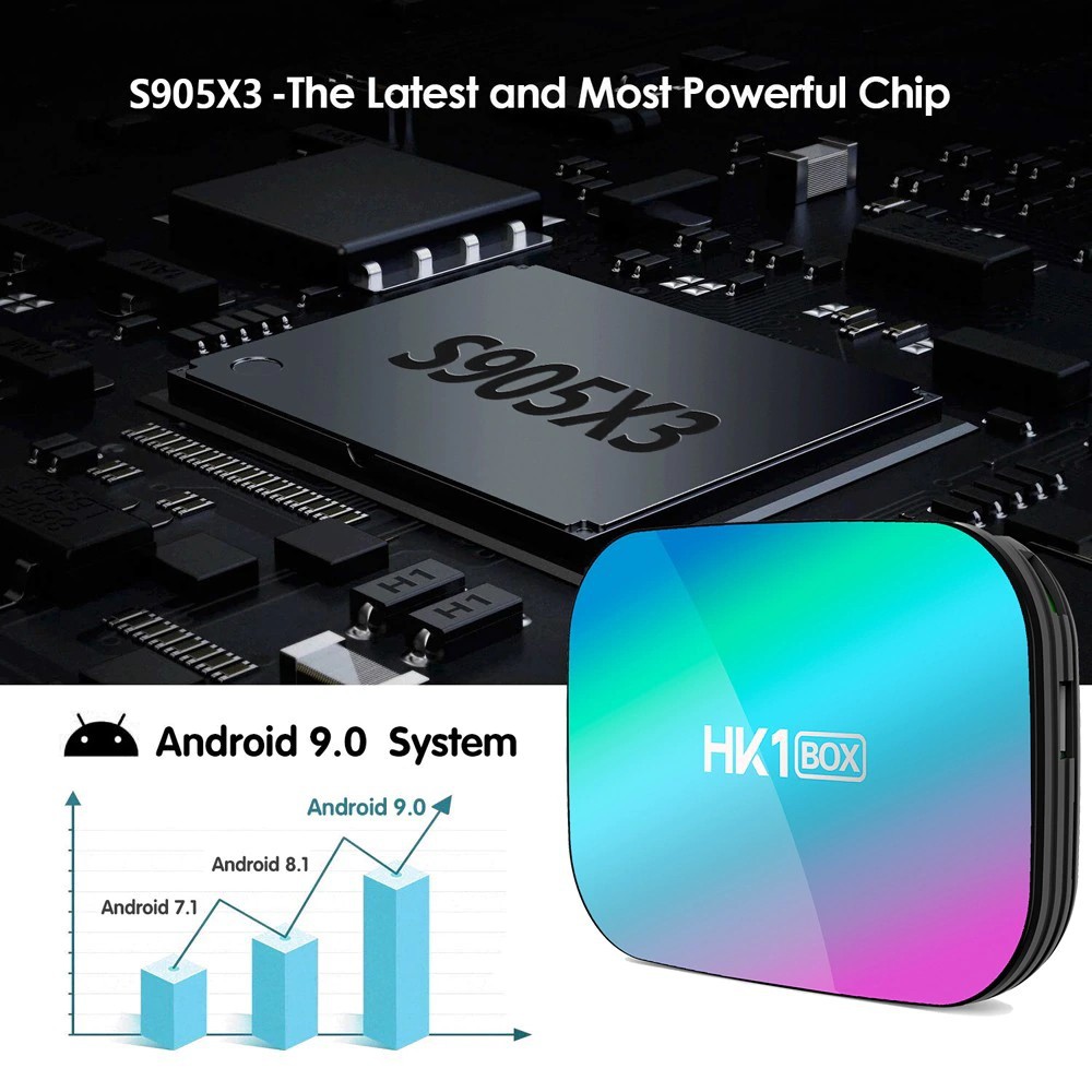 Android TV Box HK1 BOX,Cấu hình mạnh CPU: S905X3, 4GB Ram, Rom 32GB, Android TV 9, Wifi 2.4/5Ghz Mu-Mimo, Bluetooth 4.1