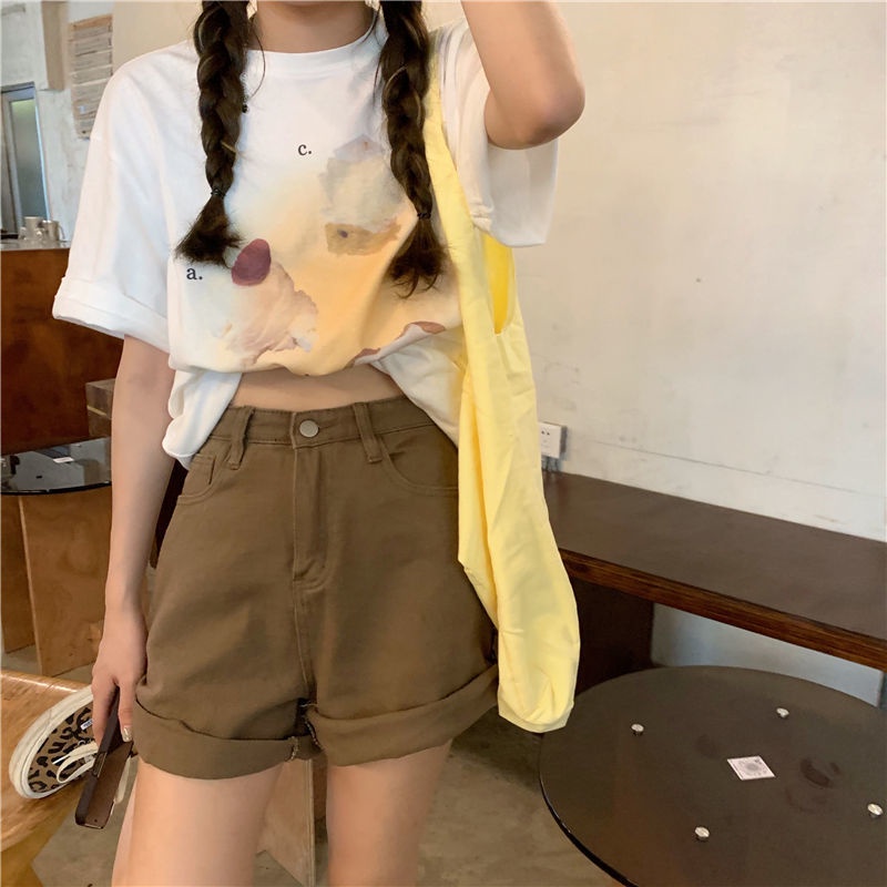 Jiashucheng Quần Short Denim Lưng Cao Ống Suông Màu Nâu Phong Cách Retro Mỹ