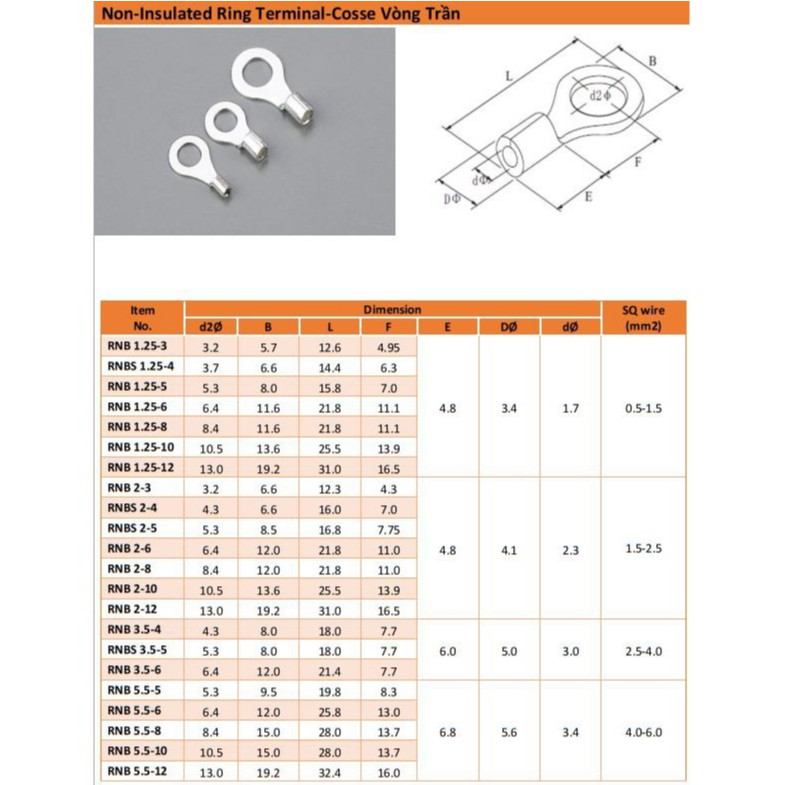 Đầu cos tròn bằng đồng  đầu cốt bấm dây điện 6-8mm RNB 8
