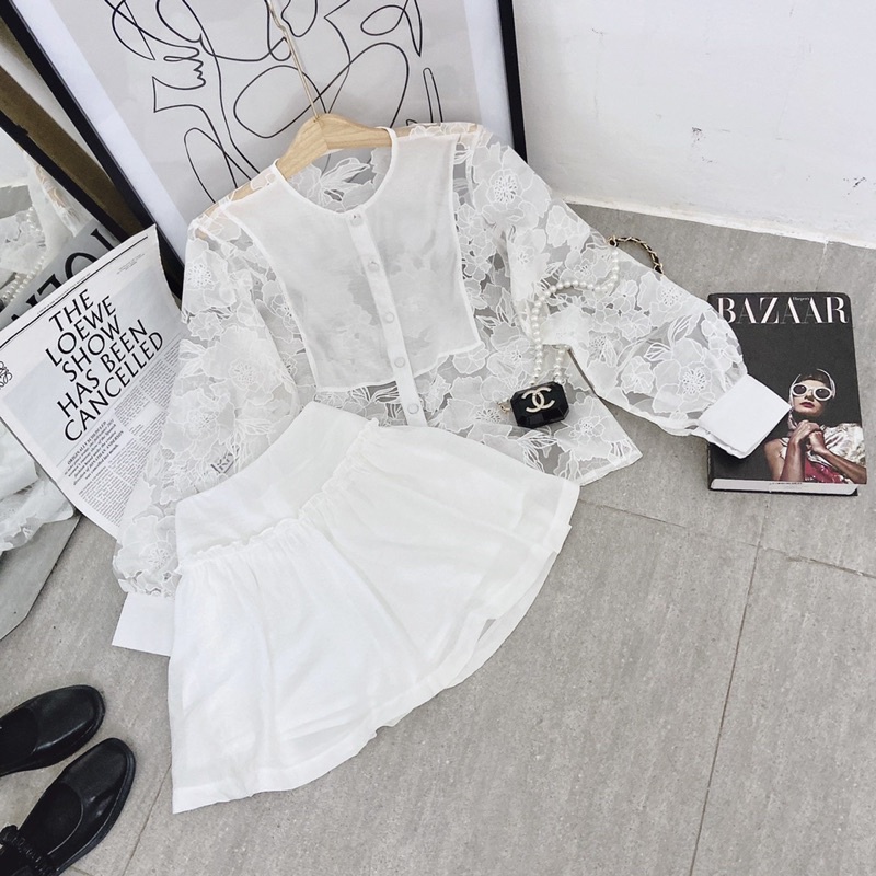 SET ÁO BBD HOA NỔI TAY + CHÂN VÁY VIỀN BÈO