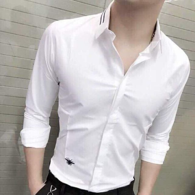 Áo sơ mi nam trắng trơn viền cổ, viền tay thêu hình nhện cá tính