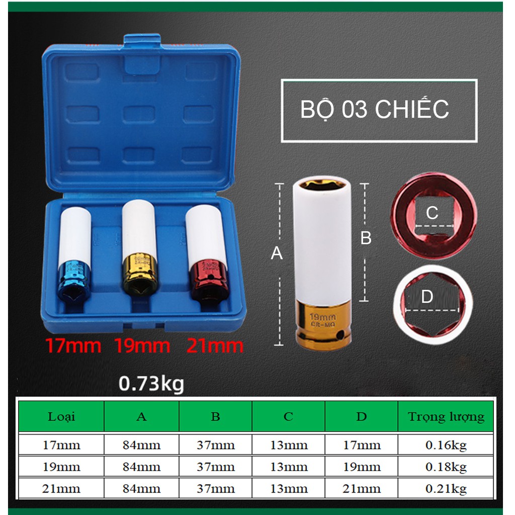 Bộ tháo đai ốc bánh xe ô tô, Ổ Cắm Đai Ốc Lốp mâm bánh xe ô tô bộ 5 chiếc nhiều màu TUOSEN