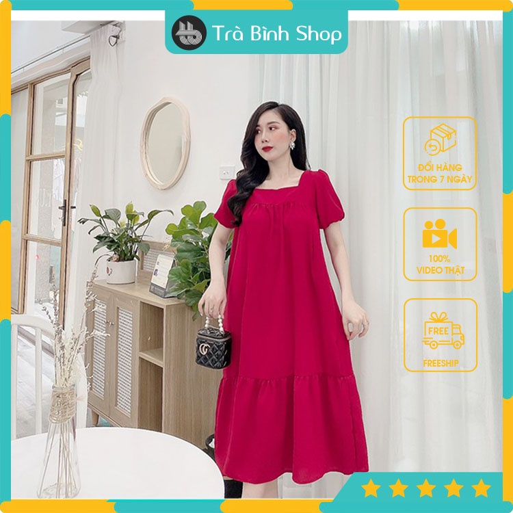 Váy Đuôi Cá Đầm Suông Cổ Vuông Tay Lỡ Chất Đũi Mềm