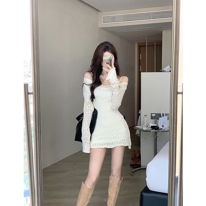 LALISAS Đầm Dệt Kim Mỏng Hở Eo Thời Trang Hàn Quốc Cho Nữ