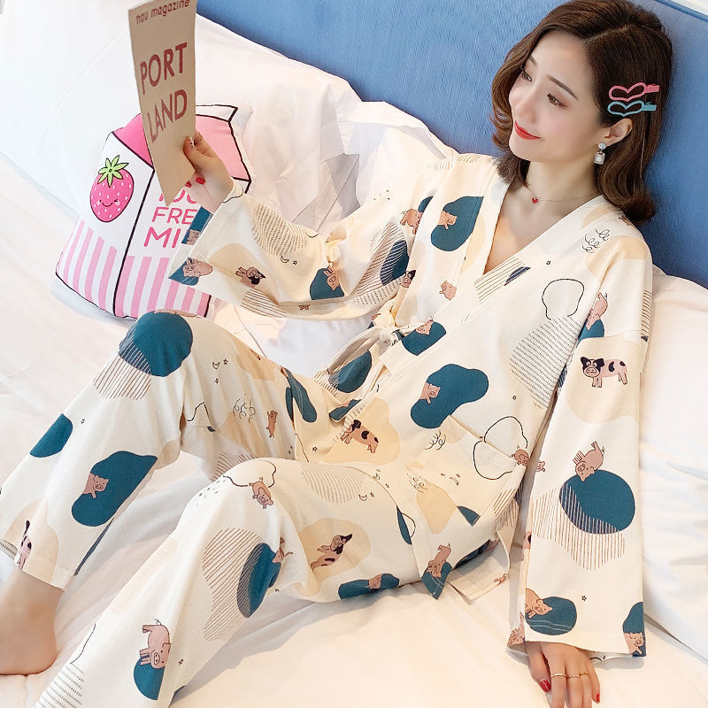 [Mã FAGREEN245 giảm 10% tối đa 30K đơn 99K] Bộ Đồ Ngủ Tay Dài Kiểu Kimono Nhật Bản Thời Trang Mùa Thu Cho Nữ