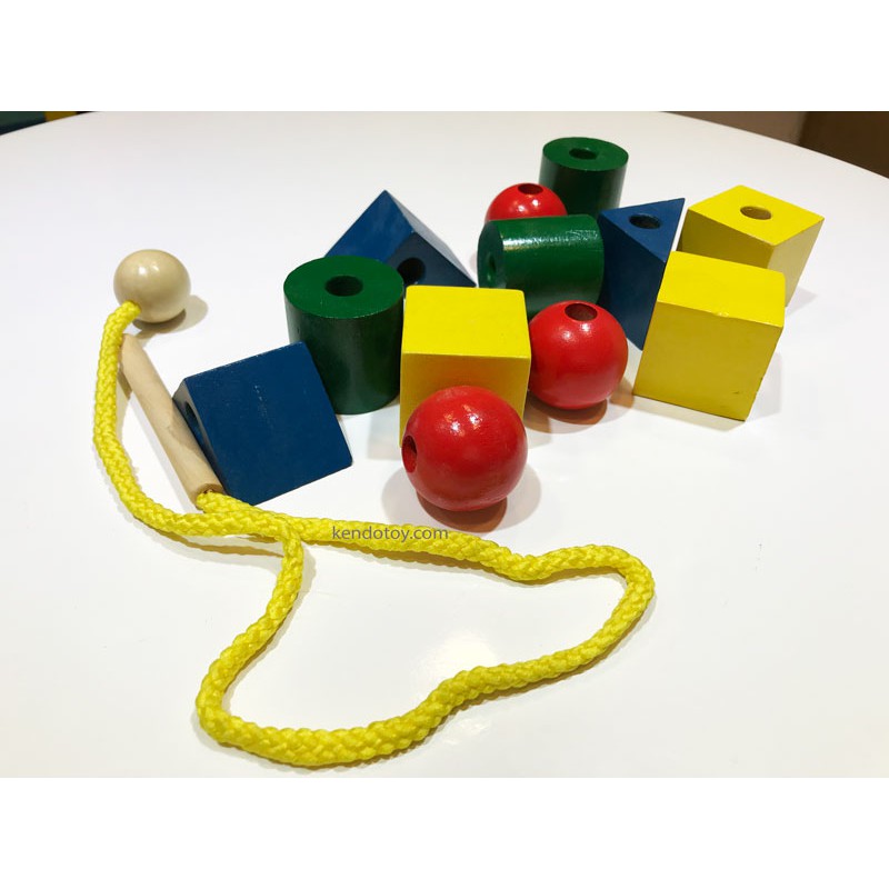 Đồ chơi xâu hạt, xỏ dây bằng gỗ tạo hình học khối giáo dục kỹ năng