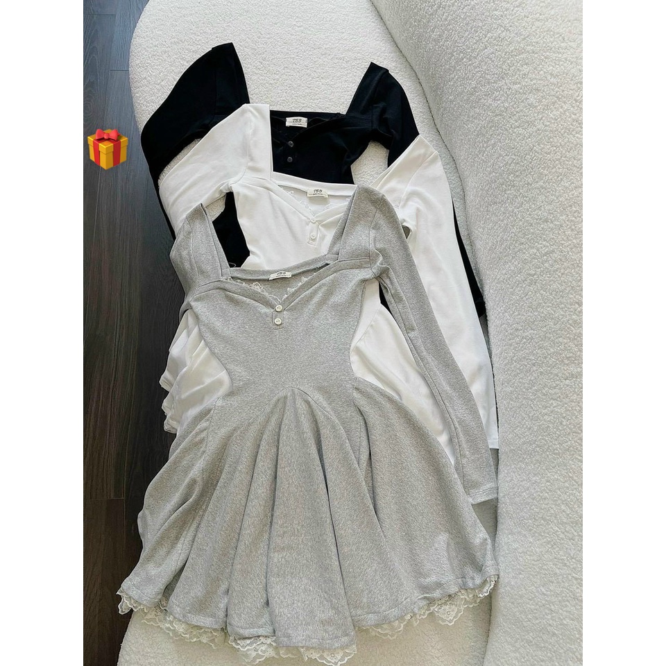 Đầm cổ vuông tay dài viền ren cổ và dáy dáng xòe cực sexy , chất thun gân mềm mịn