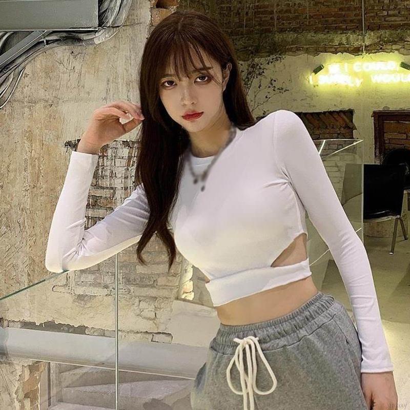 Áo thun croptop tay dài cổ tròn hở eo màu sắc trẻ trung quyến rũ dành cho nữ