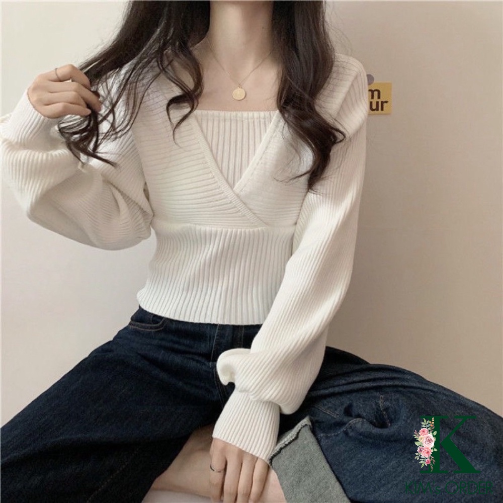 Áo len nữ cổ chữ V tay bồng tiểu thư cá tính phong cách Ulzzang Hàn Quốc nhiều màu chất vải đẹp loại 1