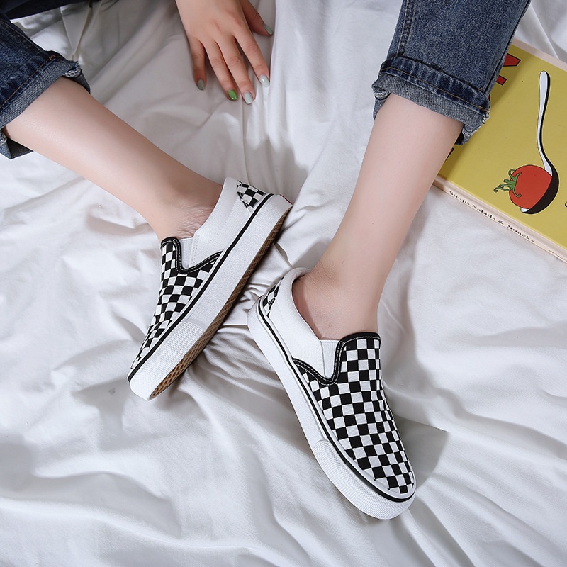 Van s Giày Lười Canvas Cổ Thấp Họa Tiết Kẻ Sọc Phong Cách Hàn Quốc Thời Trang Cho Nam RKC203