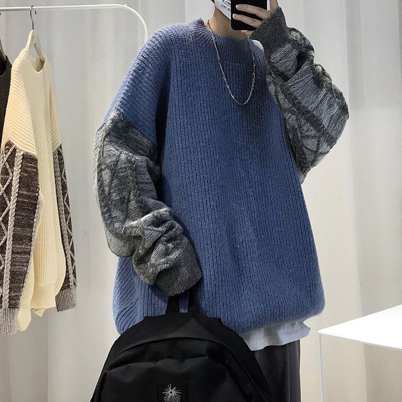 Áo Sweater Cổ Tròn Dáng Rộng Phối Màu Tương Phản Thời Trang Mùa Đông Hàn Quốc Cho Nam