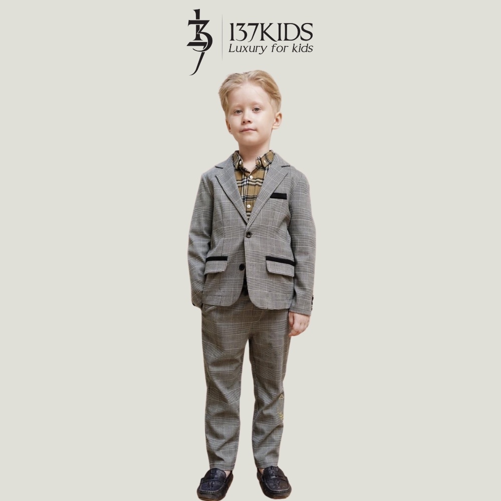 Bộ đồ vest kẻ caro ghi viền túi đen thiết kế cho bé trai đi chơi dự tiệc 137KIDS