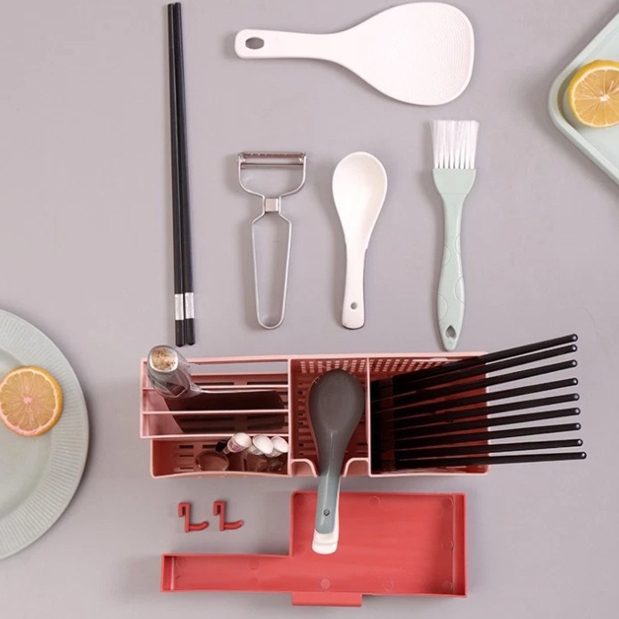 Kệ Đựng Muỗng Đũa Treo Tường Nhà Bếp Có Đế Hứng Nước Tiện Dụng