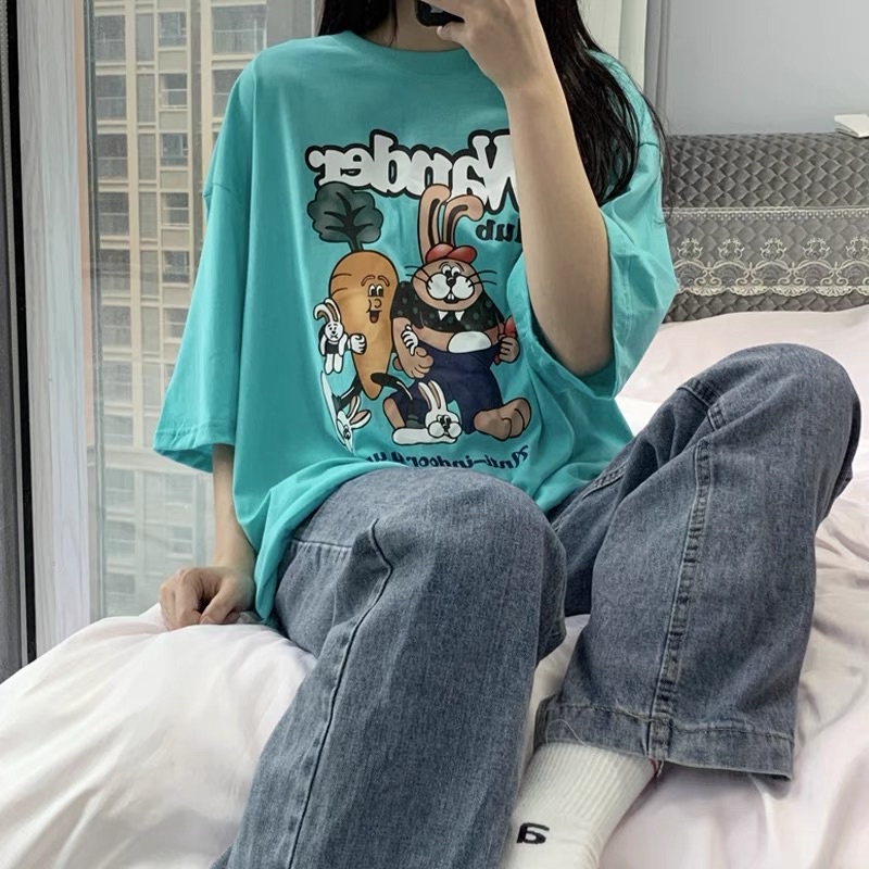 [Rẻ vô địch] Áo thun cotton tay lỡ dáng rộng unisex thỏ và carot freesize từ 38-65kg