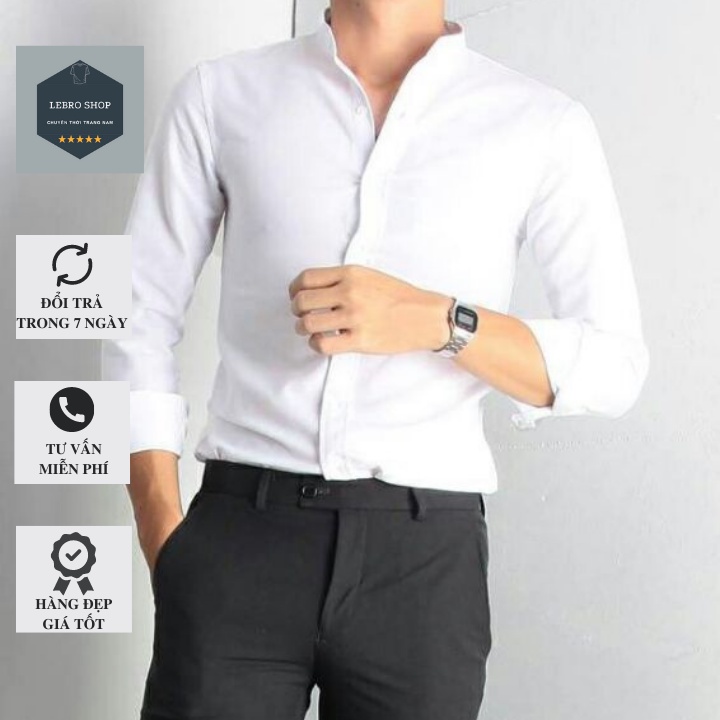 Áo sơ mi nam cổ trụ màu trắng vải lụa chống nhăn chống xù SMT01