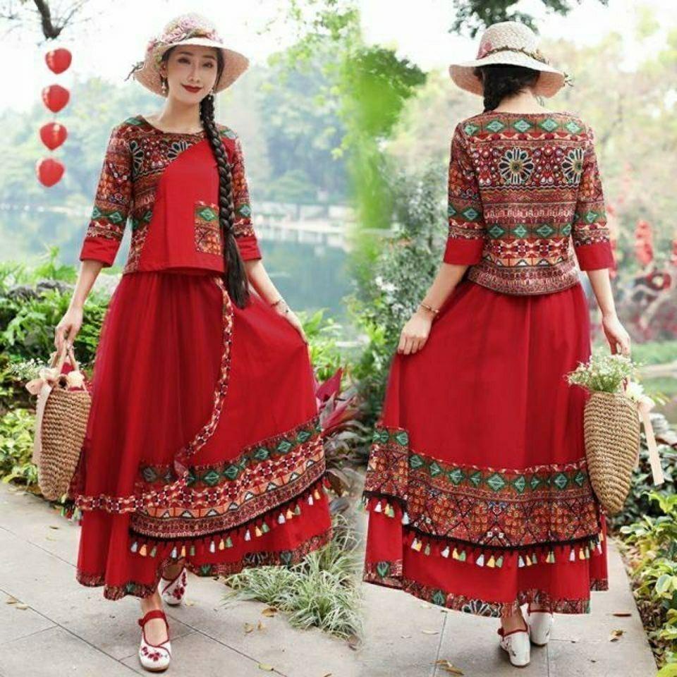 Set Áo Thun Dài Tay Cổ Tròn + Chân Váy Xòe Họa Tiết Thổ Cẩm Thời Trang Nữ