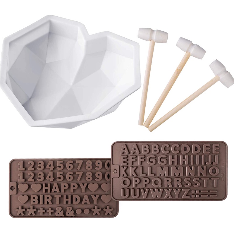 Khuôn Silicone Làm Sô Cô La Hình Trái Tim Lớn Có 2 Ô &amp; 3 Búa Gỗ