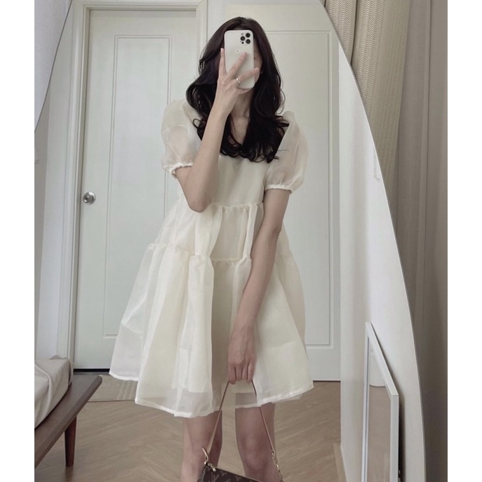 Váy babydoll voan tơ tay bồng Hàn Quốc - Đầm Babydoll voan tơ bồng bềnh 2 lớp siêu xinh