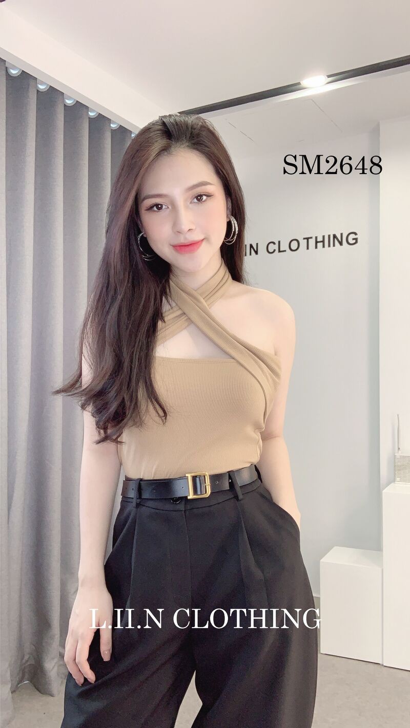 [Mã WABRM30 giảm 30K đơn 0đ] Áo thun nữ dáng ôm Liin clothing màu nâu, thiế kế cổ yếm chéo đầy cá tính, năng động SM2648