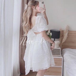 Váy trắng hở lưng cổ vuông thắt eo đầm xòe tay bồng dự tiệc hẹn hò HATI