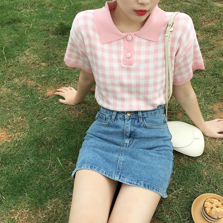 Áo sweater dệt kim XINLANYASHE ngắn tay dáng rộng kẻ sọc màu tương phản phong cách phương Tây cho học sinh