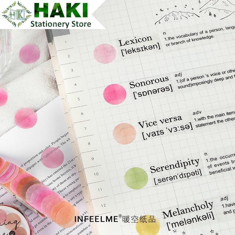 Sticker cute hình tròn nhiều màu HAKI, cuộn 100 hình dán sticker trang trí sổ dễ thương giá rẻ ST48