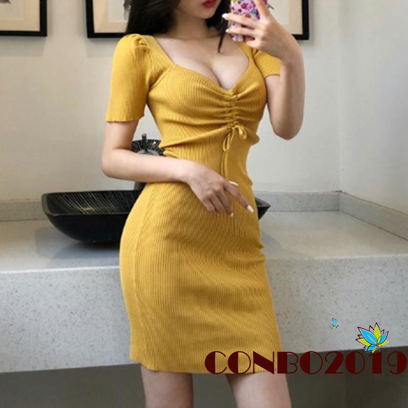 Đầm Dệt Kim Ngắn Tay Cổ Chữ V Màu Sắc Đơn Giản Cho Nữ