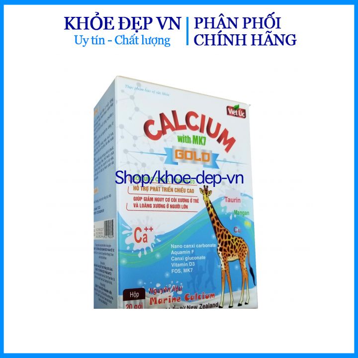 Canxi sữa Calcium with Mk7 Gold tăng chiều cao, chắc khỏe xương cho bé giúp bé ăn ngon ngủ ngon – Hộp 20 gói