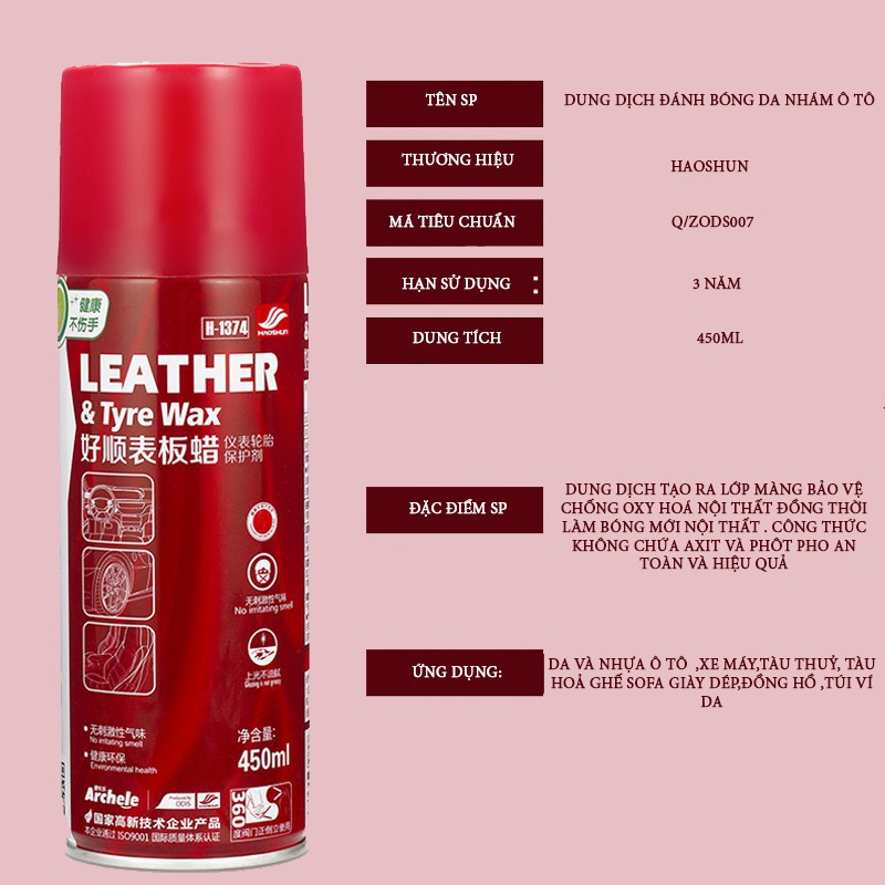 Chai phục hồi nhựa nhám ô tô xe máy  Leather Tyre Wax tân trang làm bóng nhựa nhám đồ da mùi hương thiên nhiên 450ML