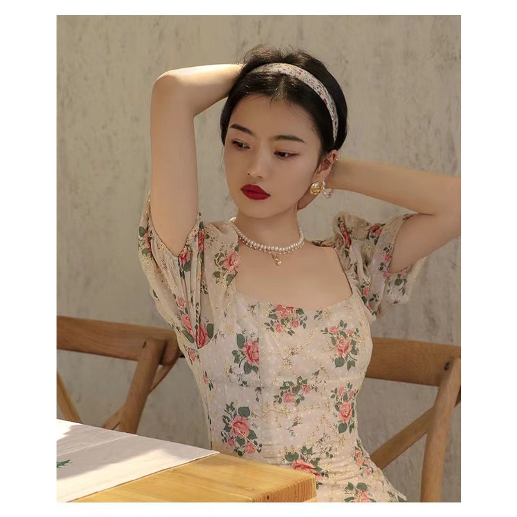 Đầm Dài Tay Ngắn Cổ Vuông Xẻ Tà In Họa Tiết Hoa Nhí Xinh Xắn Thời Trang Hè Kiểu Pháp