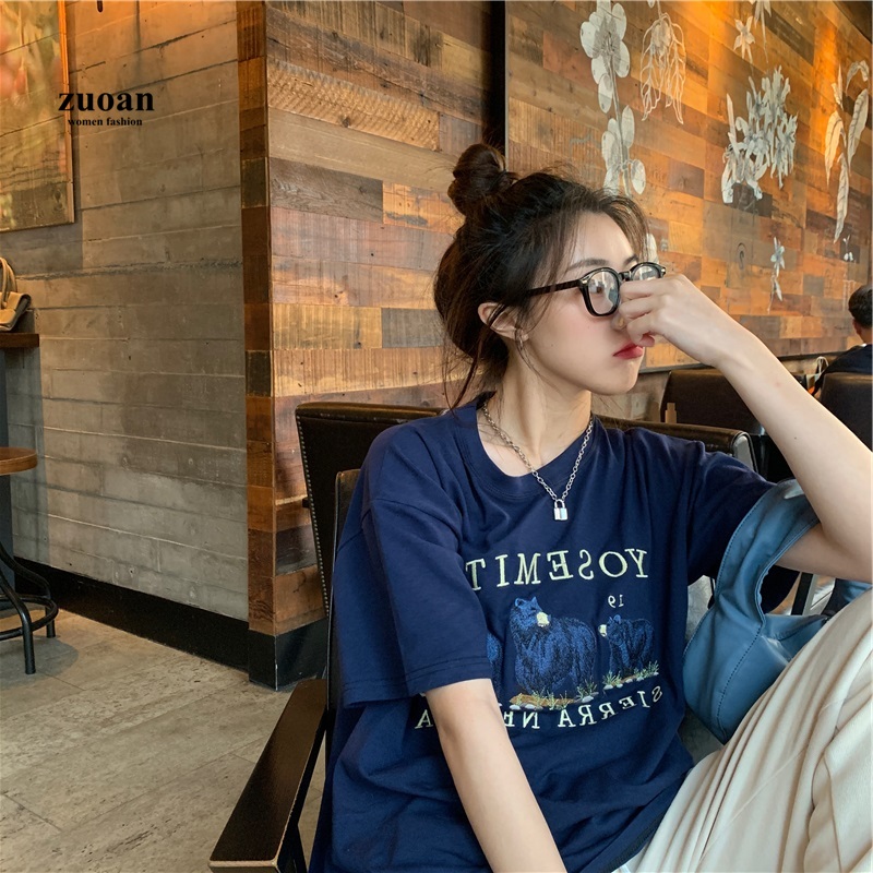 SUXI Áo thun nữ cổ tròn tay ngắn phong cách Hàn Quốc