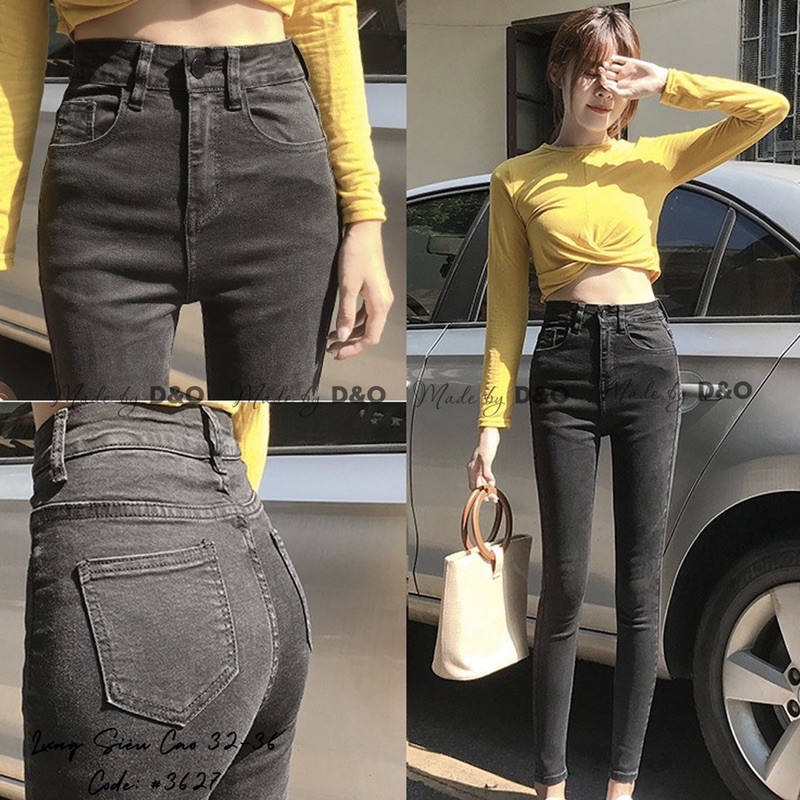 Quần Bò Cạp Cao / Jeans Lưng THUN Siêu Cao Trên Rốn Co Giãn Mạnh - Tôn Dáng Gọn Eo Bụng Xám Trơn