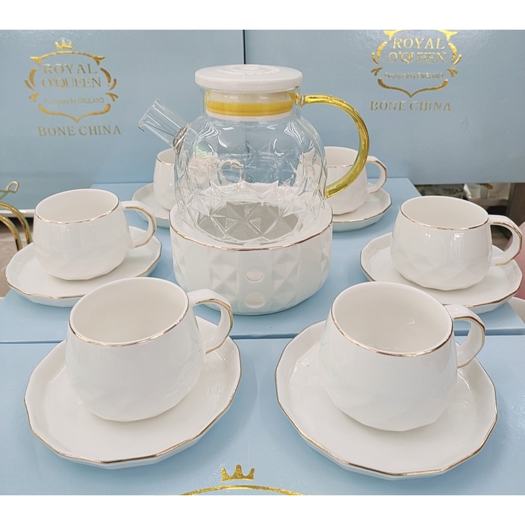 BỘ ẤM CHÉN CÓ LÓT TÁCH KÈM KHAY VÀ BẾP CHÂM TRÀ MÀU TRẮNG VIỀN VÀNG