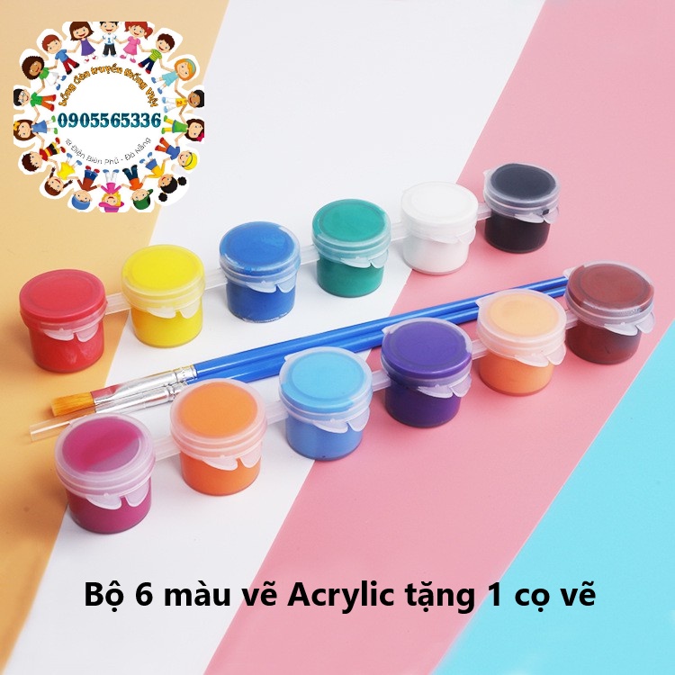 Bộ 6 màu vẽ Acrylic tặng 1 cọ vẽ - Màu Acrylic Mini Vẽ Áo, Tô Tượng, Vẽ 3D, Giày, Thủy Tinh, Gỗ