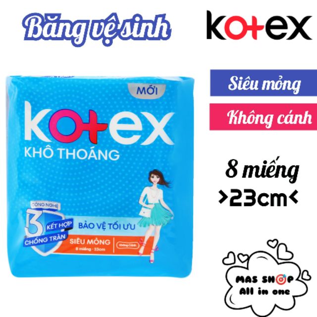 Băng vệ sinh KOTEX ✅Siêu mỏng ✅Không cánh (8 miếng x 23 cm)