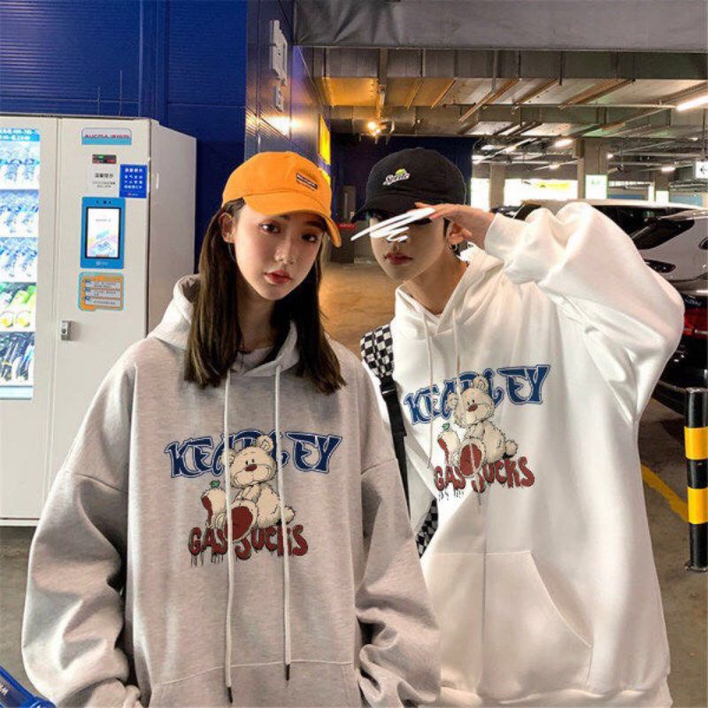 Áo Hoodie Nỉ Hoạt Hình Gấu GASSUCKS Form Rộng Tay Phồng, Áo Hoodie Màu Đen Trắng Basic Unisex