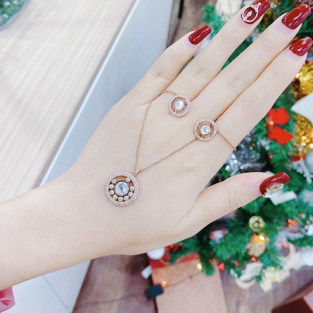 Bộ Trang Sức Nữ, Dây chuyền Nữ, Khuyên tai Nữ SWAROVSKI LOVE IS ROUND Dây Vàng ROSE, Pha Lê Trắng Mặt Tròn_CHÍNH HÃNG