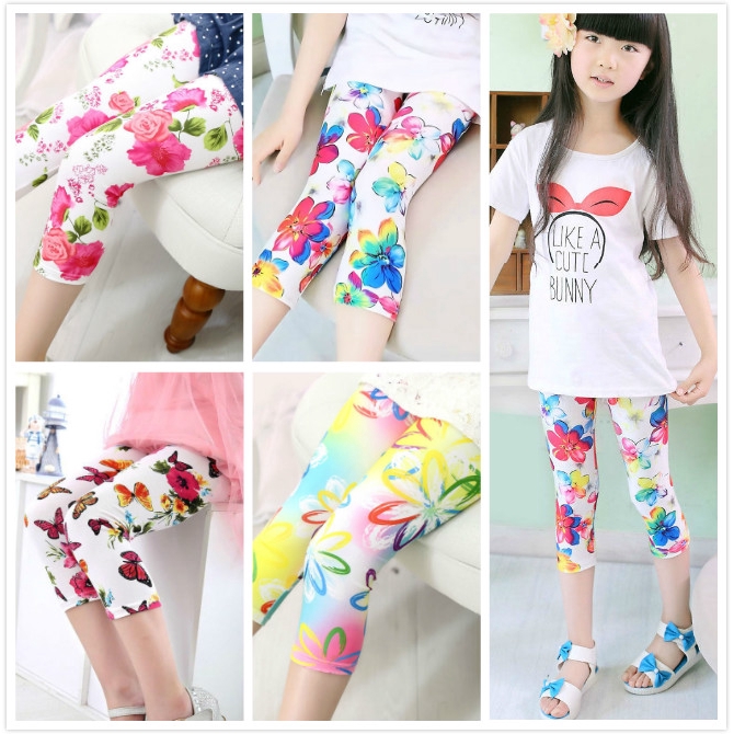 1-9Years Mùa Hè 7 Điểm Quần Legging Co Giãn Eo Trẻ Em Bé Gái Quần Legging Hoa Trẻ Em Quần