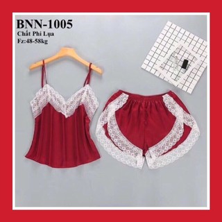 Bộ ngủ phi lụa đùi 2 dây phối ren sexy