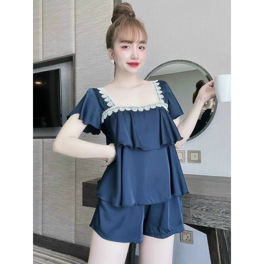 Đồ bộ đùi satin mặc nhà tay tiên bèo tầng cổ ren DB0004