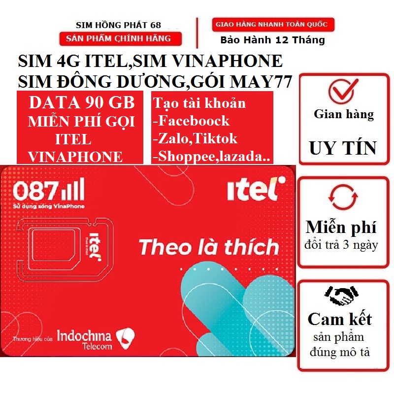 [Yêu thíc ]Sim 4G (Vinaphone) Itelecom,sim đông dương,indochina giá rẻ dùng tạo tài khoản zalo,fb,shopee,tiki,lazada..vv