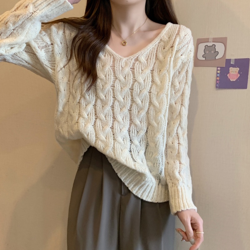 Áo Len Sáp Mềm Cổ Chữ V Dáng Rộng Dài Tay Thời Trang Thu Đông