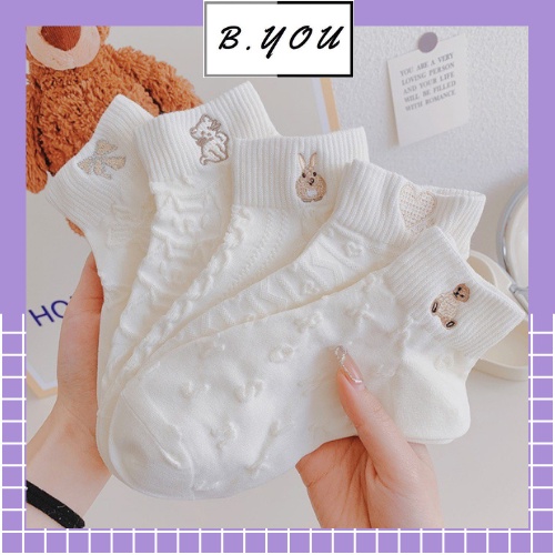 Tất nữ cổ ngắn màu trắng phong cách hàn quốc họa tiết thanh lịch mềm mại thấm hút mồ hôi